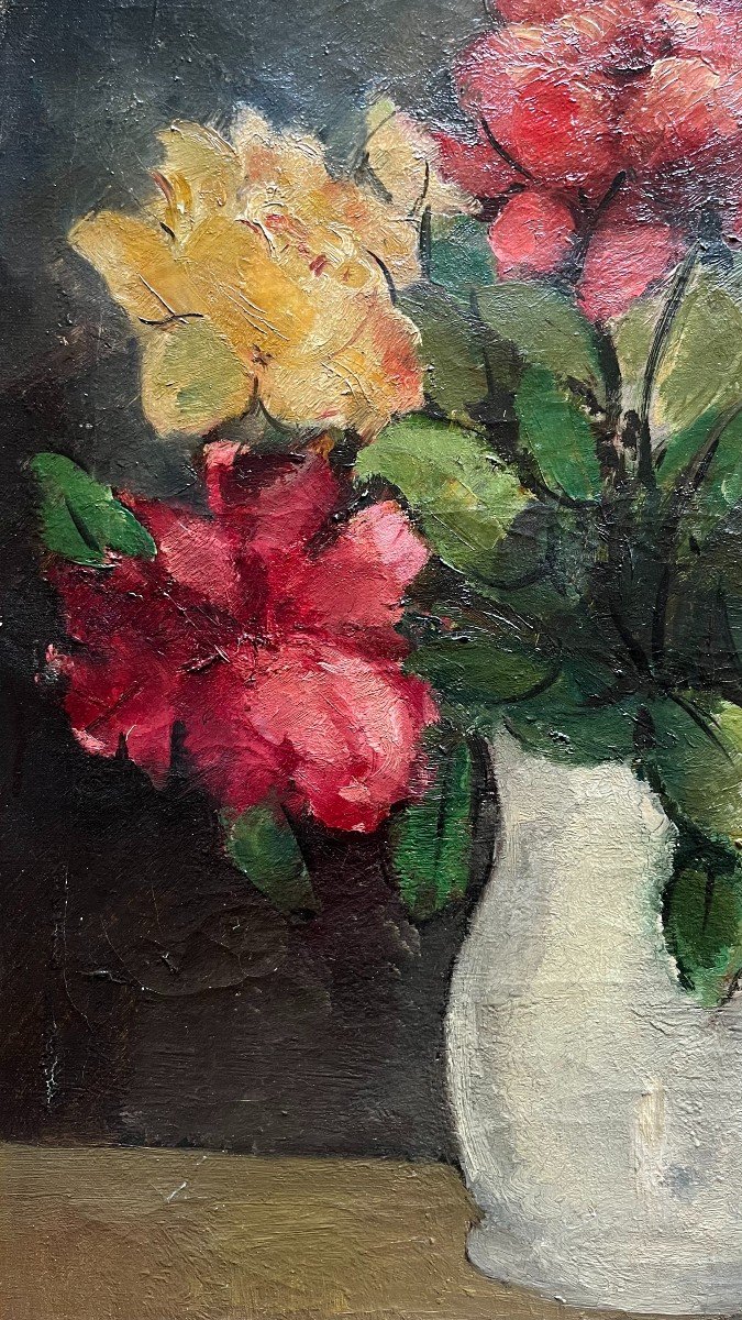 Jan Cockx. Oil On Canvas "bouquet Of Roses In A Pitcher" 60 X 50 Cm.-photo-3