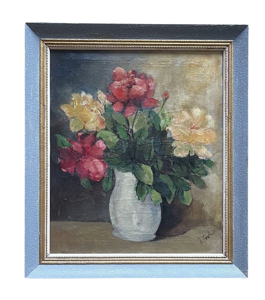 Jan Cockx. Huile Sur Toile "bouquet De Roses Dans Un Pichet" 60 X 50 Cm.