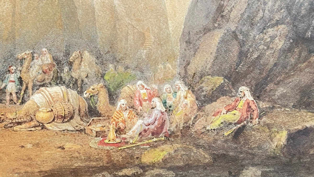 Leopold Carl Müller. Watercolor On Paper "the Expedition To Petra, Jordan" 37 X 52 Cm-photo-2