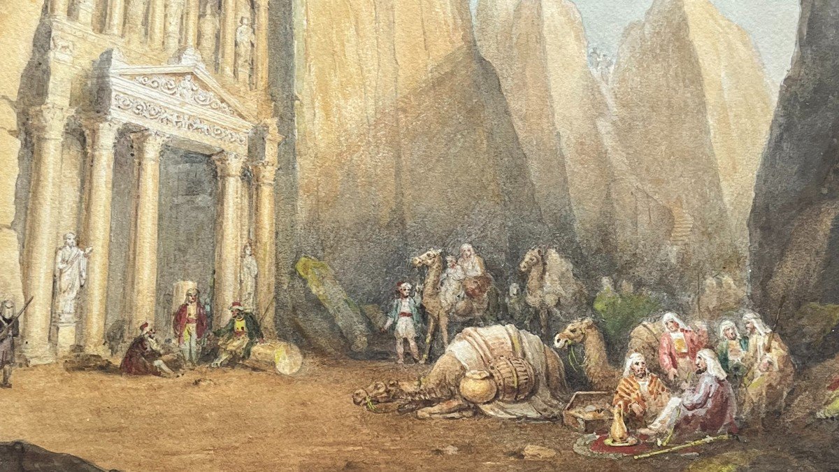 Leopold Carl Müller. Watercolor On Paper "the Expedition To Petra, Jordan" 37 X 52 Cm-photo-2