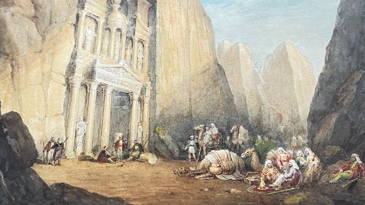 Leopold Carl Müller. Watercolor On Paper "the Expedition To Petra, Jordan" 37 X 52 Cm-photo-3