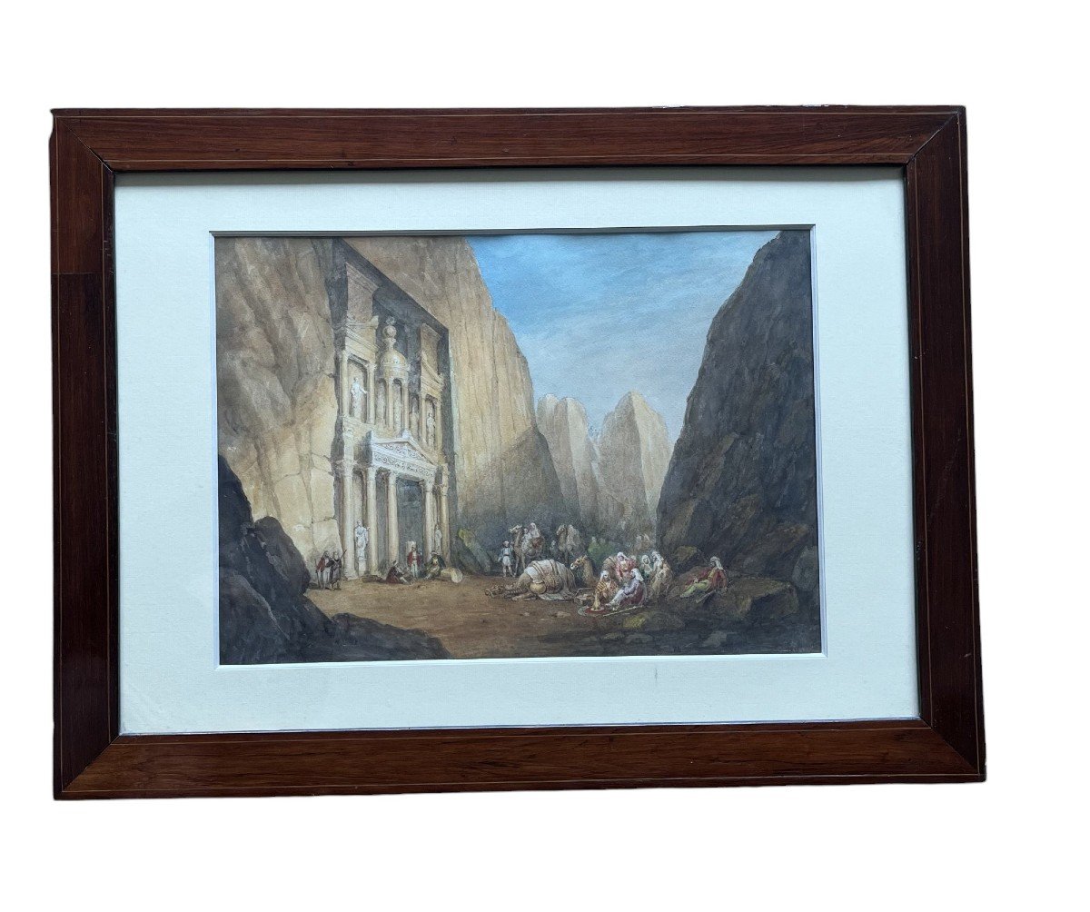 Leopold Carl Müller. Watercolor On Paper "the Expedition To Petra, Jordan" 37 X 52 Cm