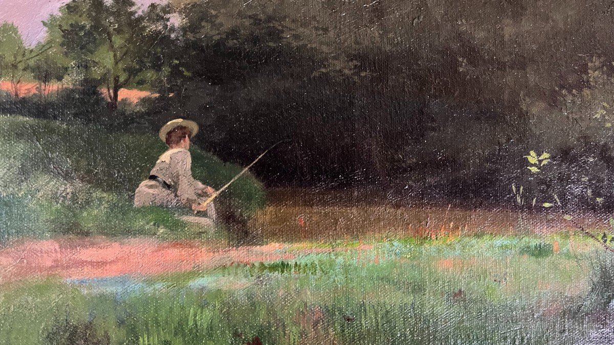 Emile Thivier. Oil On Canvas "suzanne Fishing In The Property" 41 X 33 Cm-photo-2