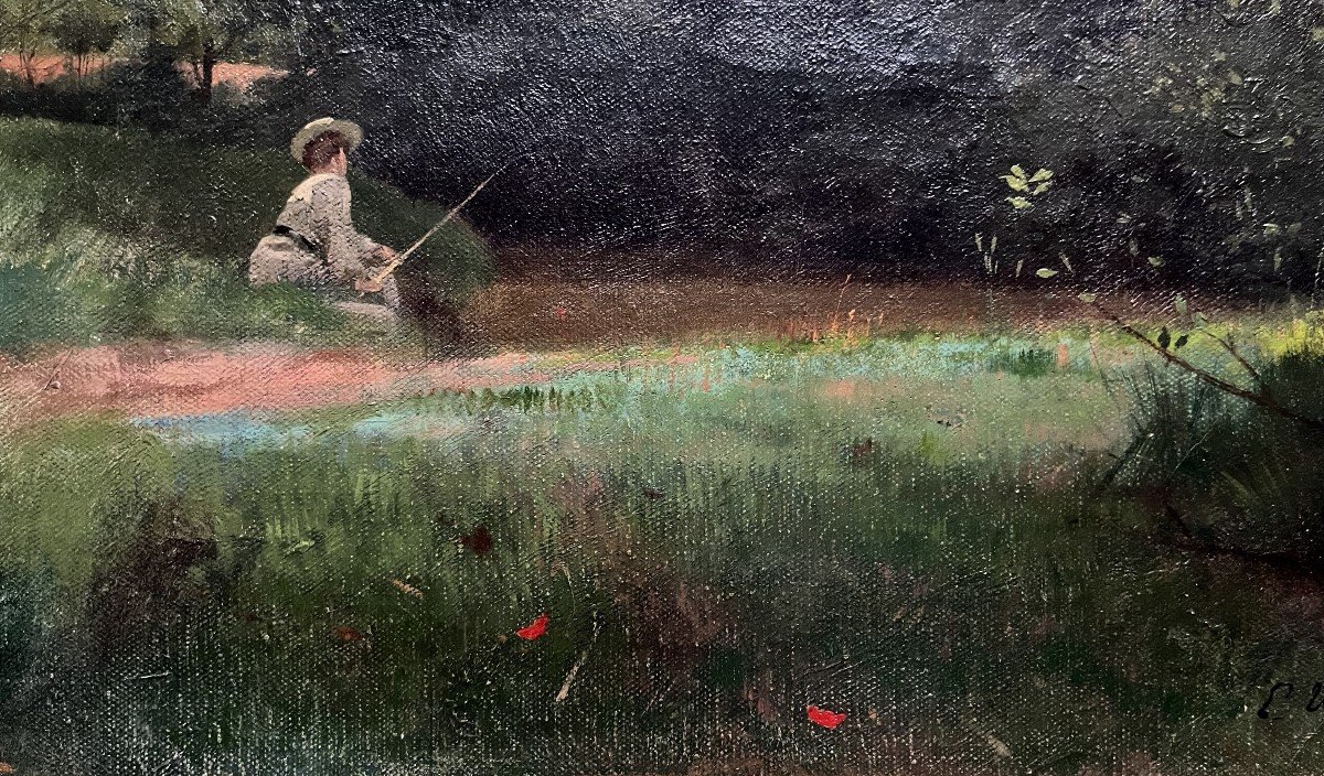 Emile Thivier. Oil On Canvas "suzanne Fishing In The Property" 41 X 33 Cm-photo-1