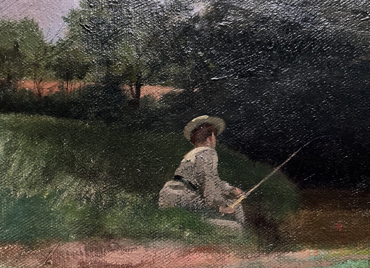 Emile Thivier. Oil On Canvas "suzanne Fishing In The Property" 41 X 33 Cm-photo-2