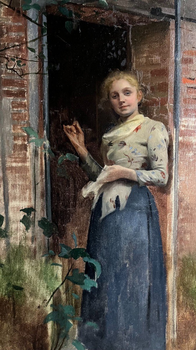 Emile Thivier. Huile Sur Toile "jeune Couturière Sur Le Pas De La Porte" 55,5 X 46,3 Cm-photo-3