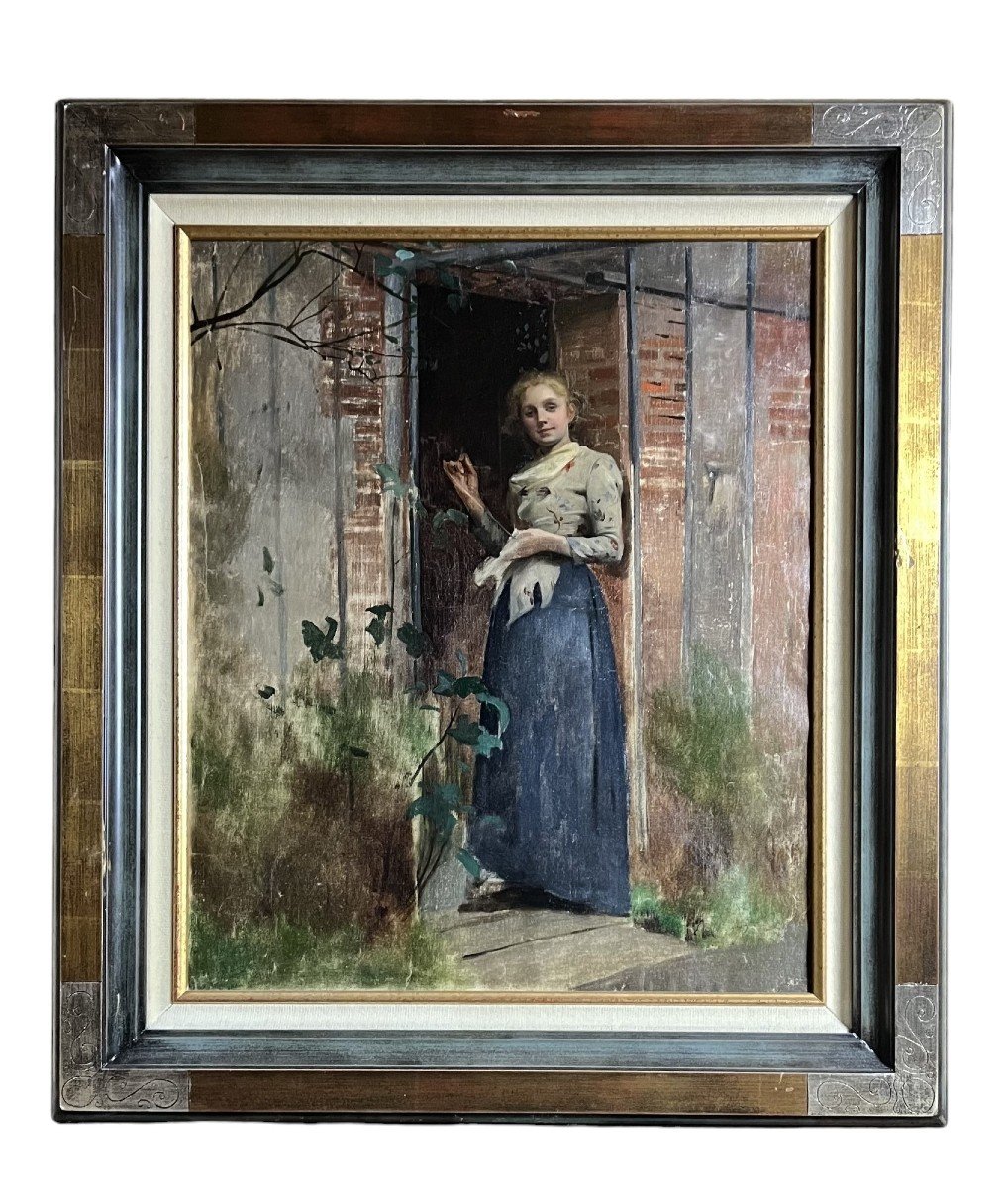 Emile Thivier. Huile Sur Toile "jeune Couturière Sur Le Pas De La Porte" 55,5 X 46,3 Cm