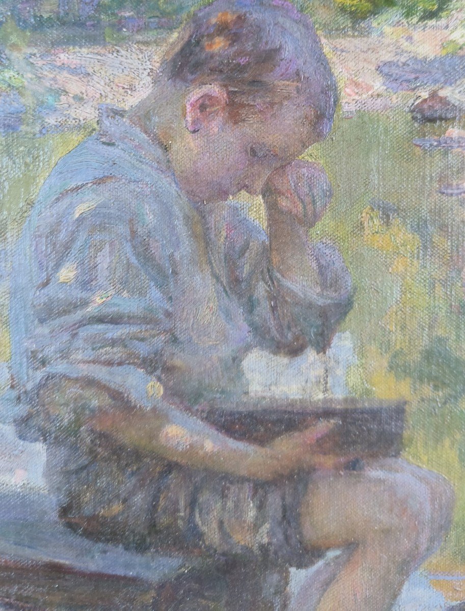 Impressionist School. Oil On Canvas Mounted On Panel "the Little Gold Digger" 21 X 17 Cm-photo-1