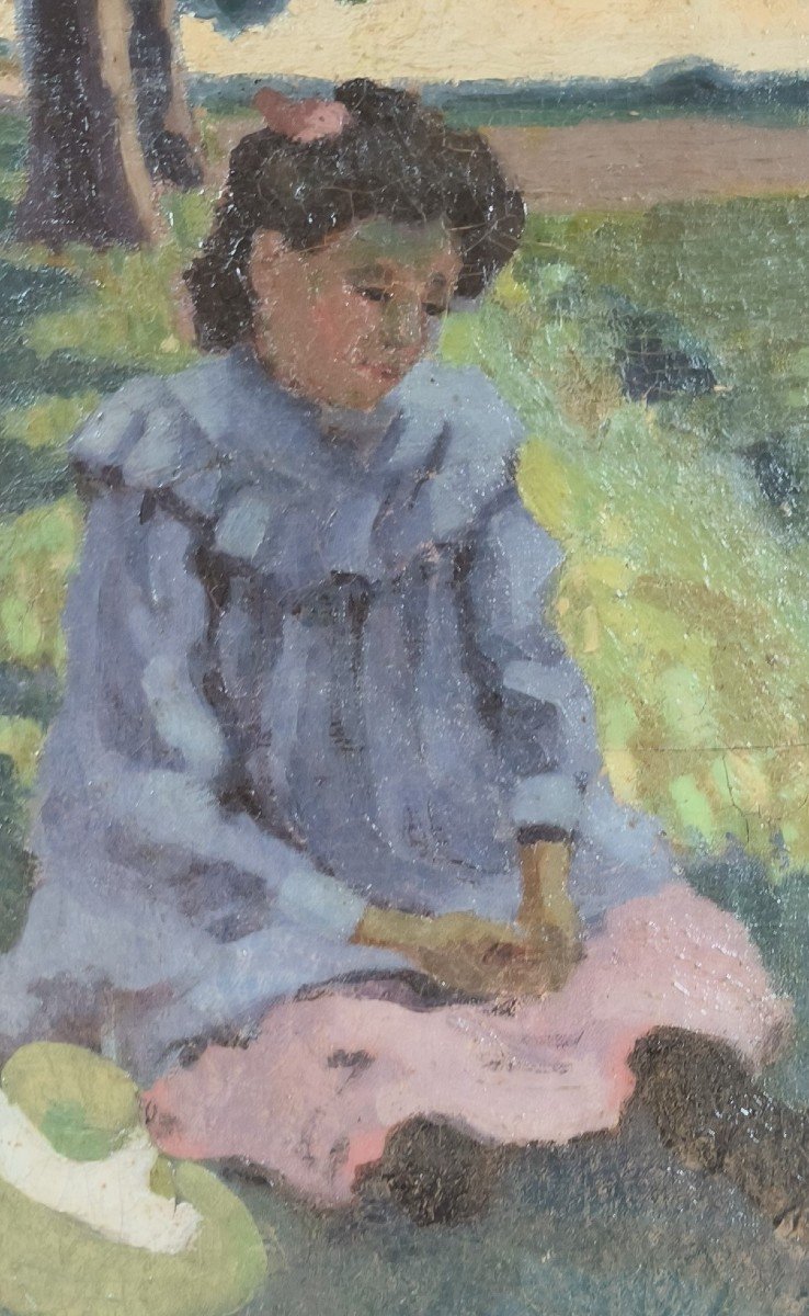 Impressionist School. Oil On Canvas "young Girl Sitting In The Shade Of A Tree" 41 X 33 Cm-photo-3