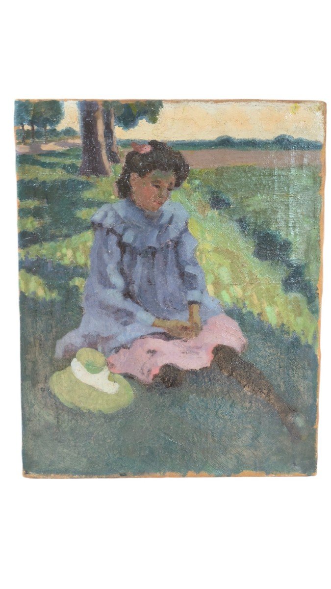 Impressionist School. Oil On Canvas "young Girl Sitting In The Shade Of A Tree" 41 X 33 Cm