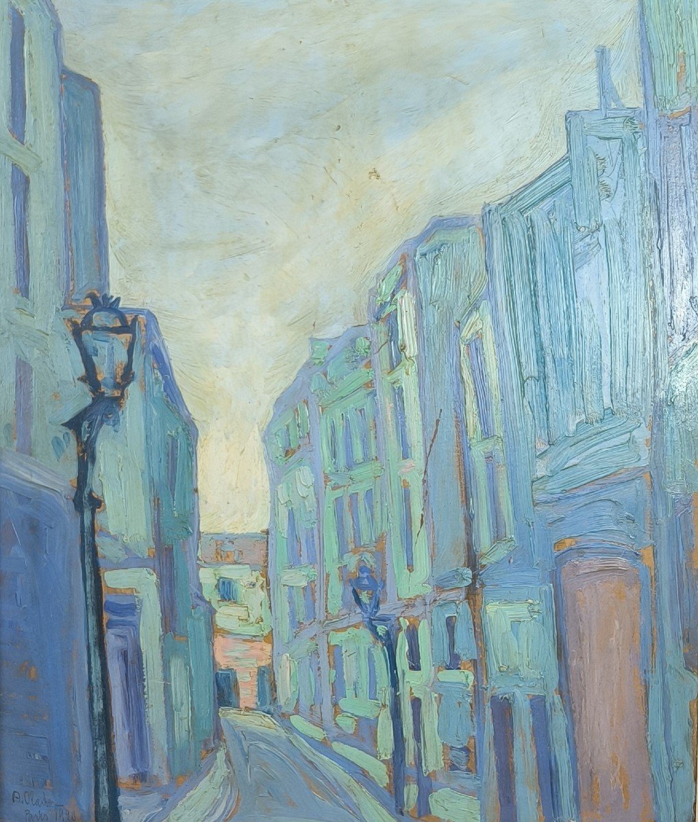 Expressionist School. Oil On Cardboard "the Blue Street Lights" 53 X 45 Cm-photo-1