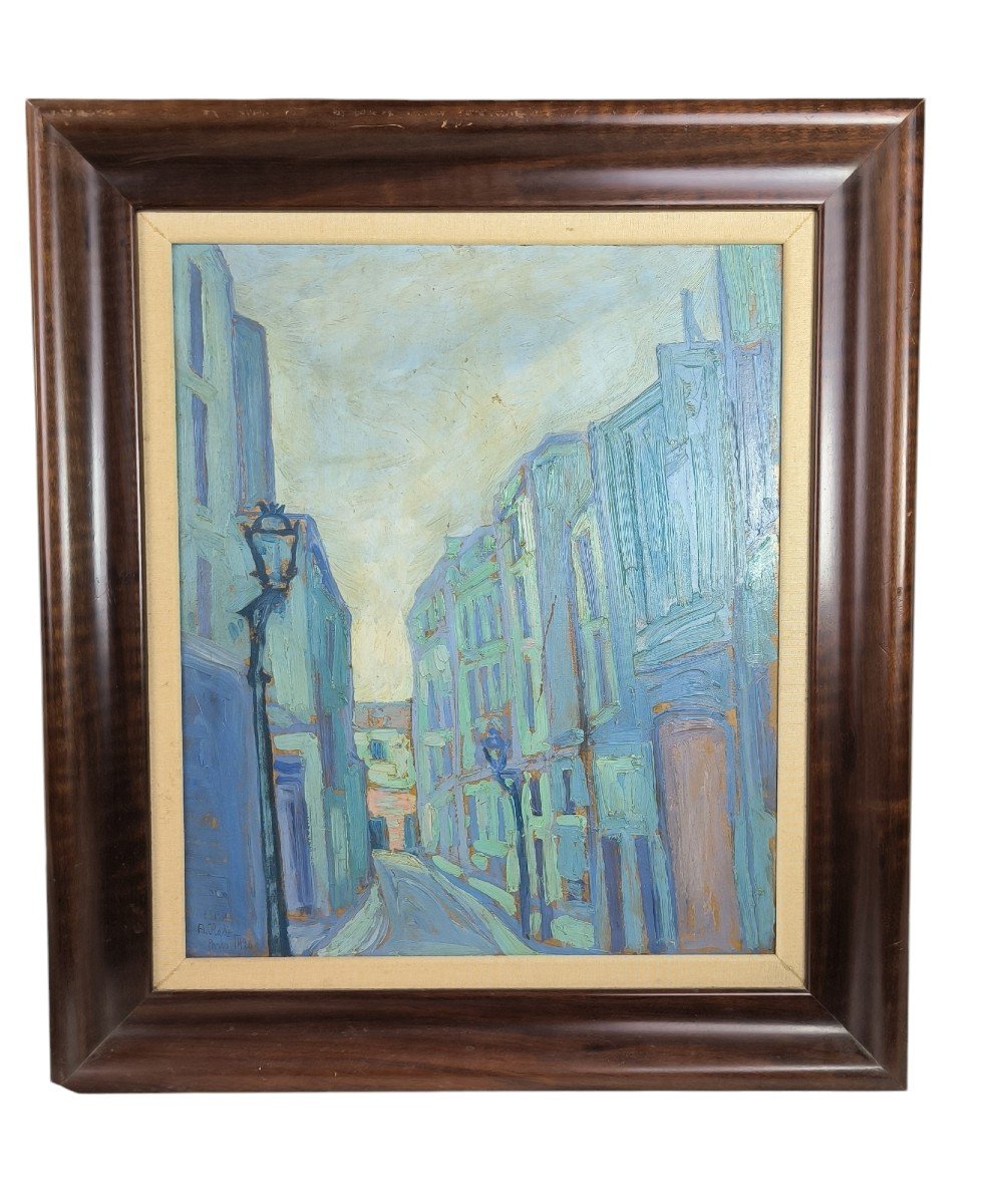 Expressionist School. Oil On Cardboard "the Blue Street Lights" 53 X 45 Cm