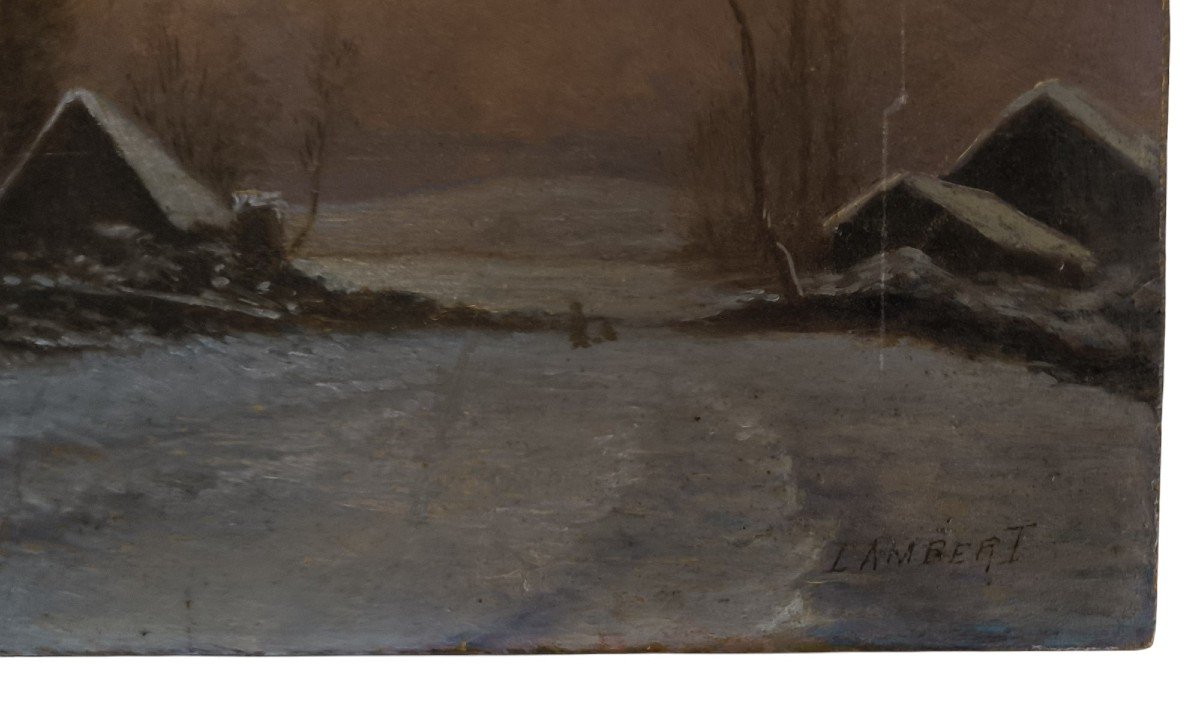 Lambert. Oil On Panel "the Hamlet Under The Snow" 41 X 27 Cm-photo-3