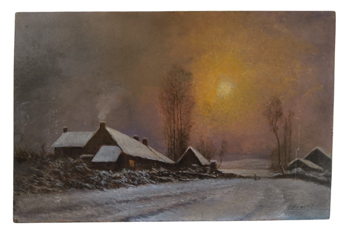 Lambert. Oil On Panel "the Hamlet Under The Snow" 41 X 27 Cm