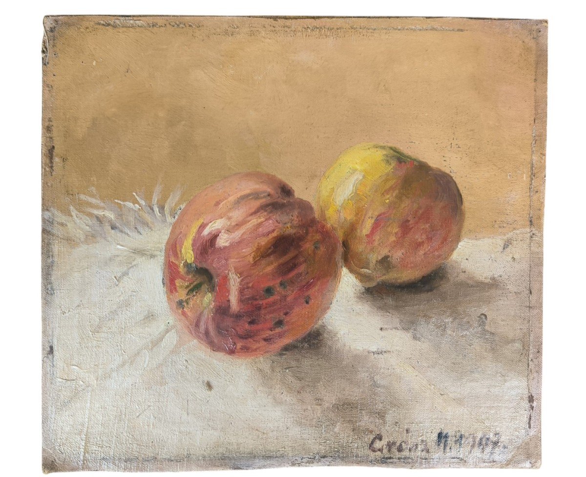 Austrian School. Oil On Cardboard "two Beautiful Apples" 25x22.5 Cm