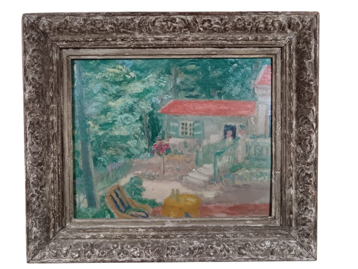 Miyamoto Kohei. Huile Sur Carton "la Jolie Petite Maison Et Son Petit Jardin" 41 X 33 Cm