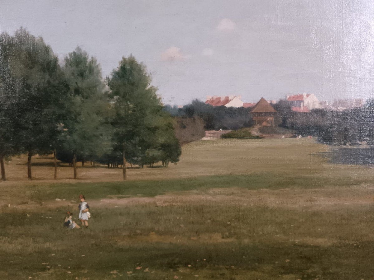 André Slom. Oil On Canvas "children Playing In The Park In Geneva" 41 X 27 Cm-photo-3