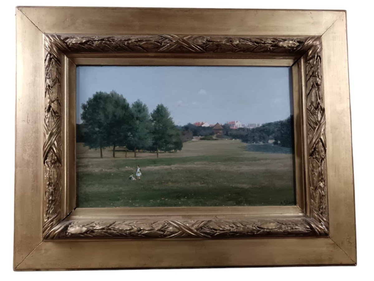 André Slom. Oil On Canvas "children Playing In The Park In Geneva" 41 X 27 Cm