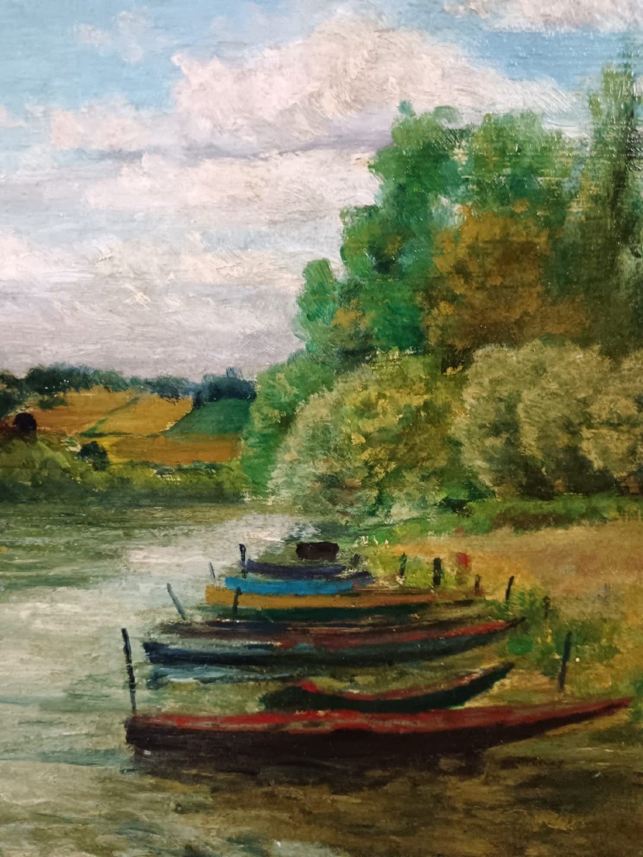 Jacques Boussard. Oil On Isorel Panel "the Moored Boats" 38.5 X 31 Cm-photo-3