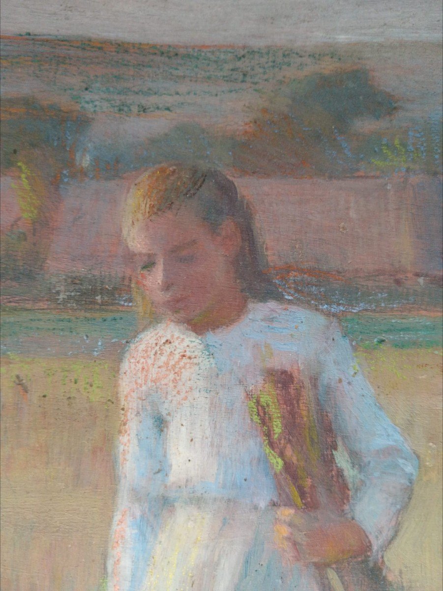 Marie Duhem Impressionist School. Oil On Panel "young Peasant Woman At Work" 33 X 24.5 Cm-photo-1