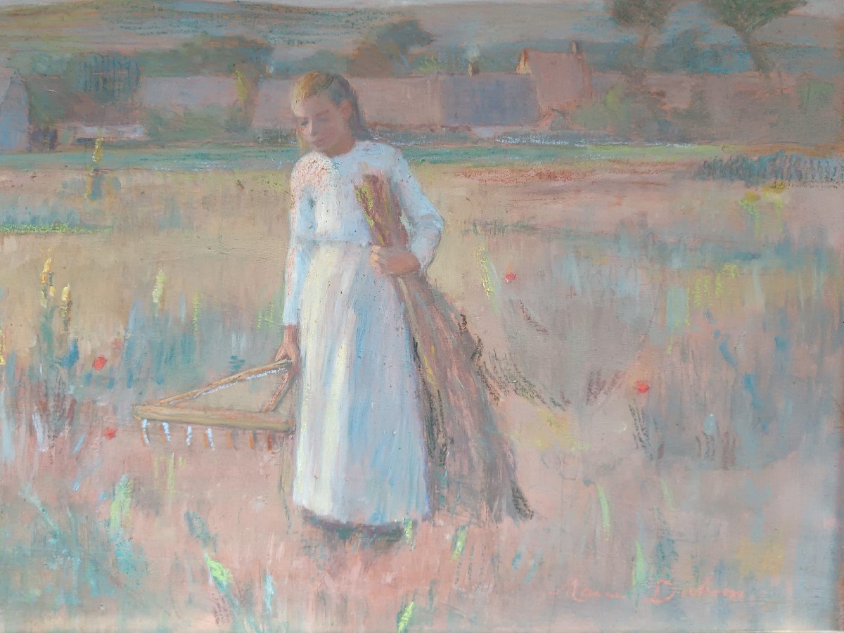 Marie Duhem Impressionist School. Oil On Panel "young Peasant Woman At Work" 33 X 24.5 Cm-photo-6