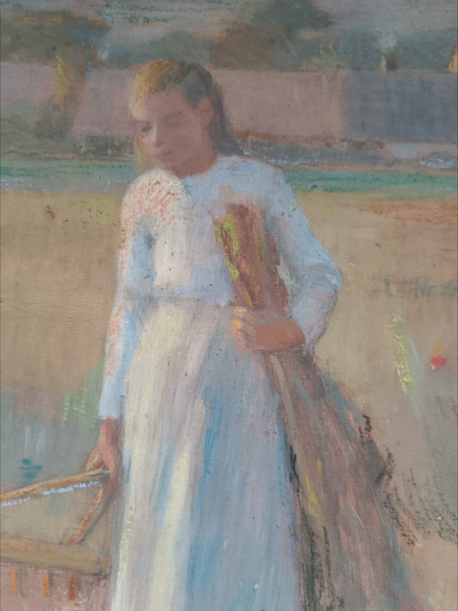 Marie Duhem Impressionist School. Oil On Panel "young Peasant Woman At Work" 33 X 24.5 Cm-photo-7