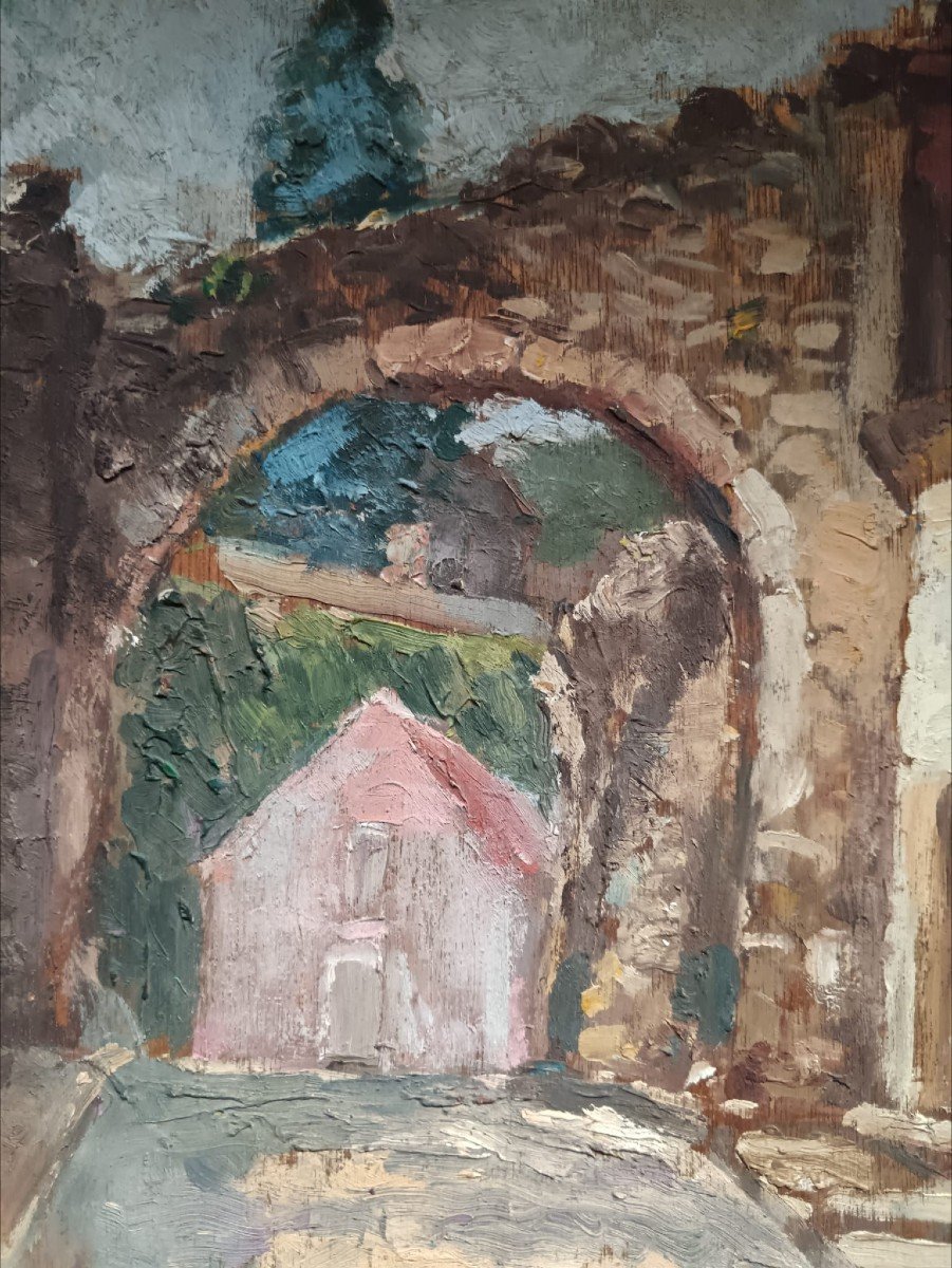 Marthe Widhopff. Oil On Panel "the Old Village Gate" 50 X 35 Cm-photo-2