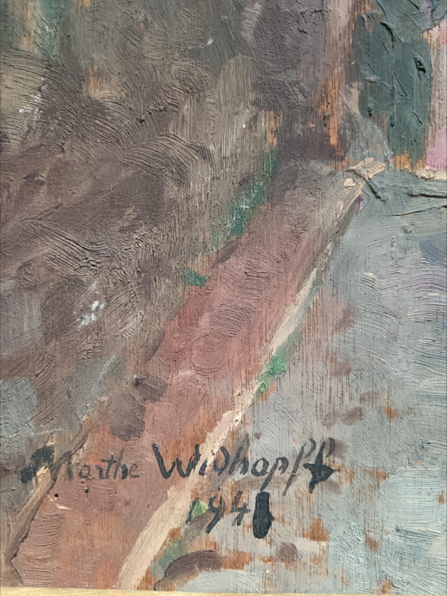 Marthe Widhopff. Huile Sur Panneau "l'ancienne Porte Du Village" 50 X 35 Cm-photo-3