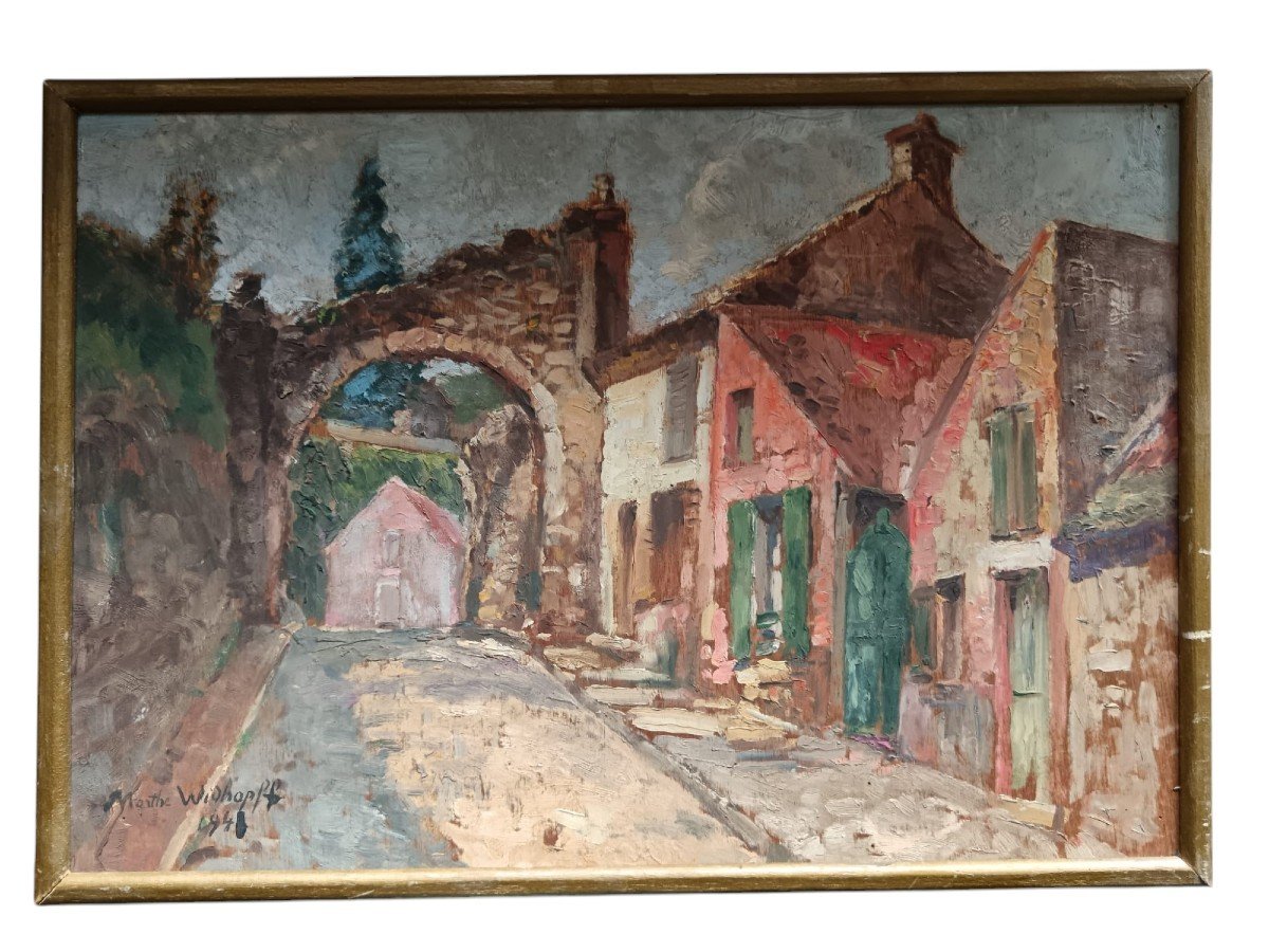 Marthe Widhopff. Huile Sur Panneau "l'ancienne Porte Du Village" 50 X 35 Cm