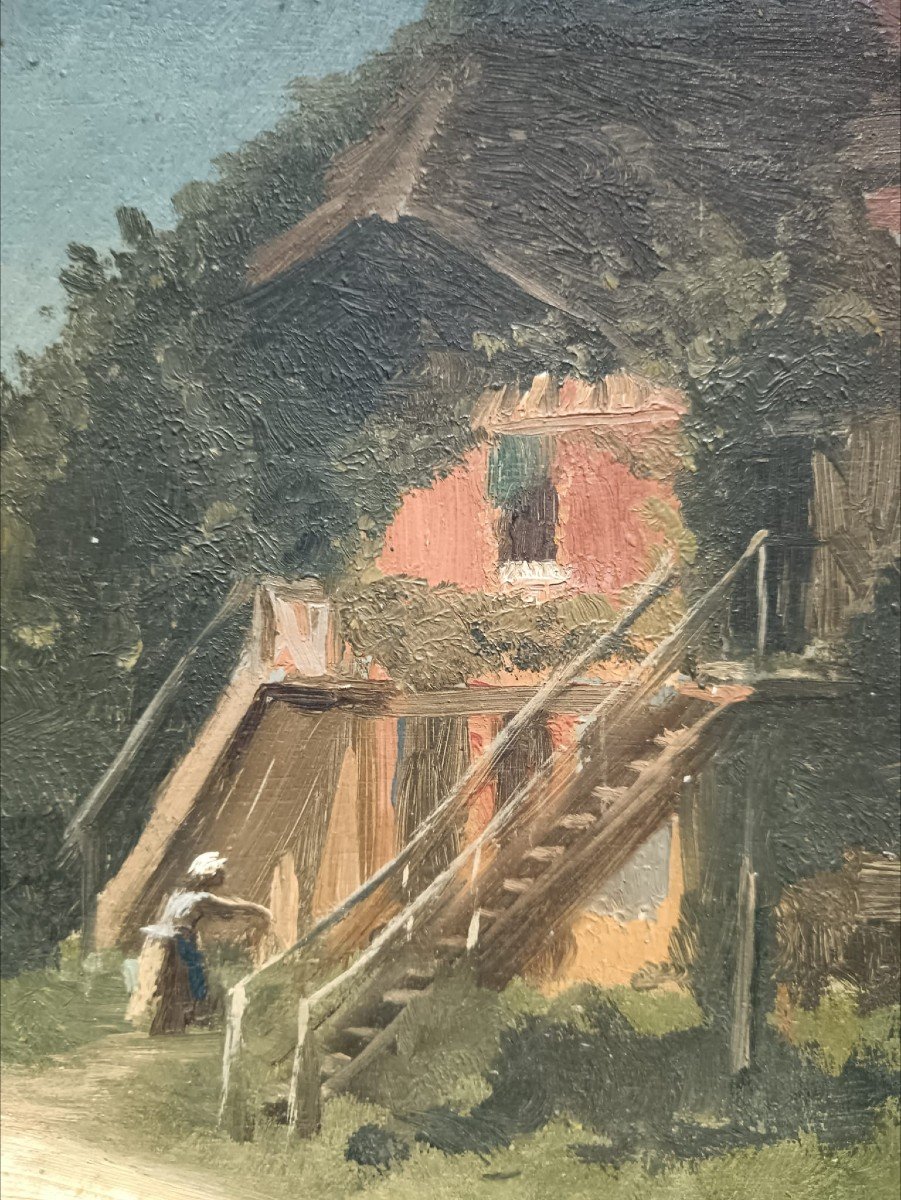 Charles- Edouard Frère. Huile Sur Panneau "le Hameau Jour De Soleil" 31,5 X 23 Cm-photo-3