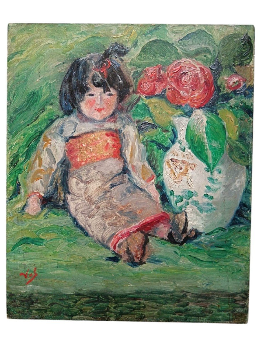 Val. Oil On Panel "the Chinese Doll" 46.3 X 38 Cm