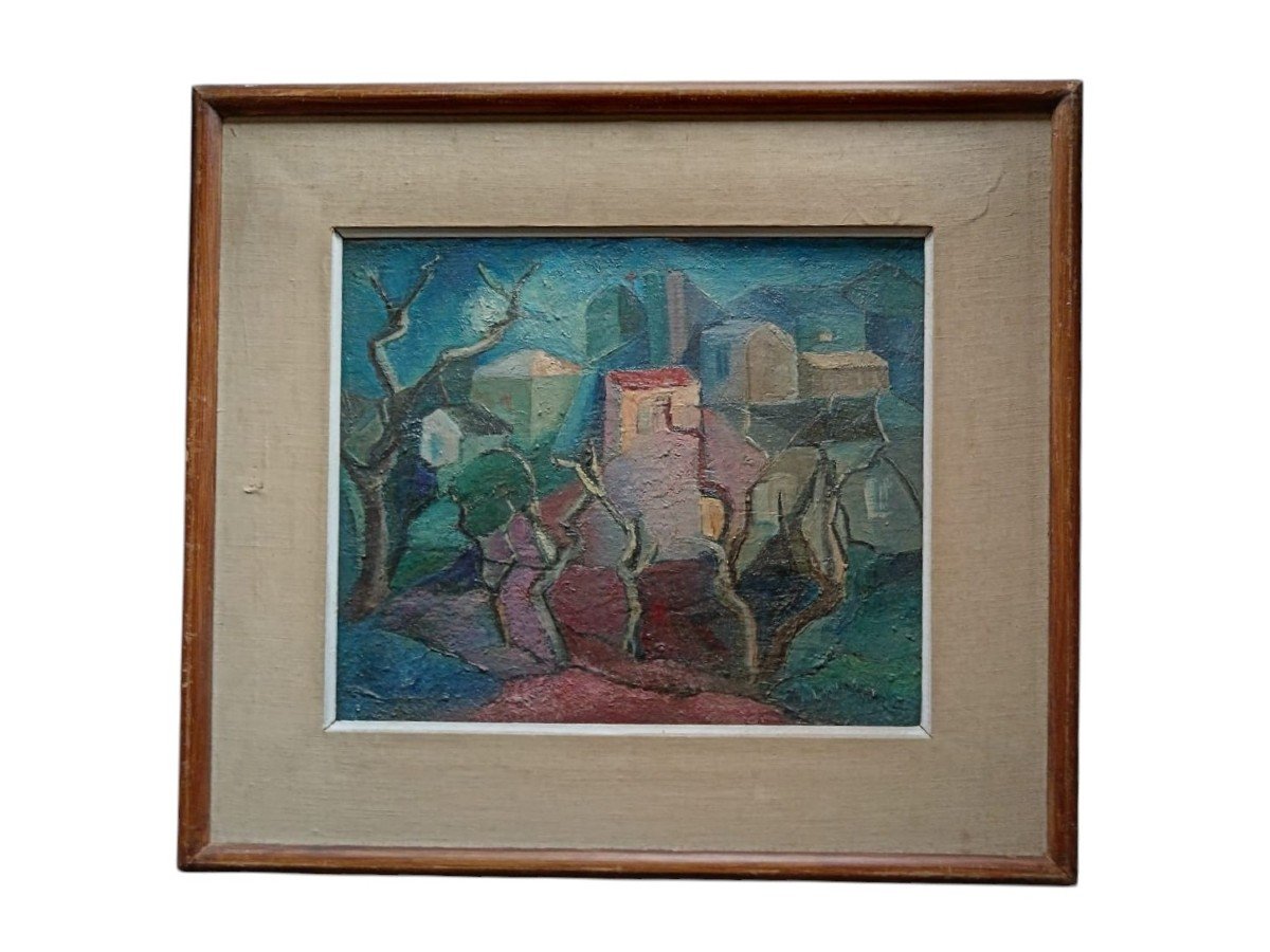 Modern School. Oil On Canvas "cubist Landscape" 46.5 X 37 Cm