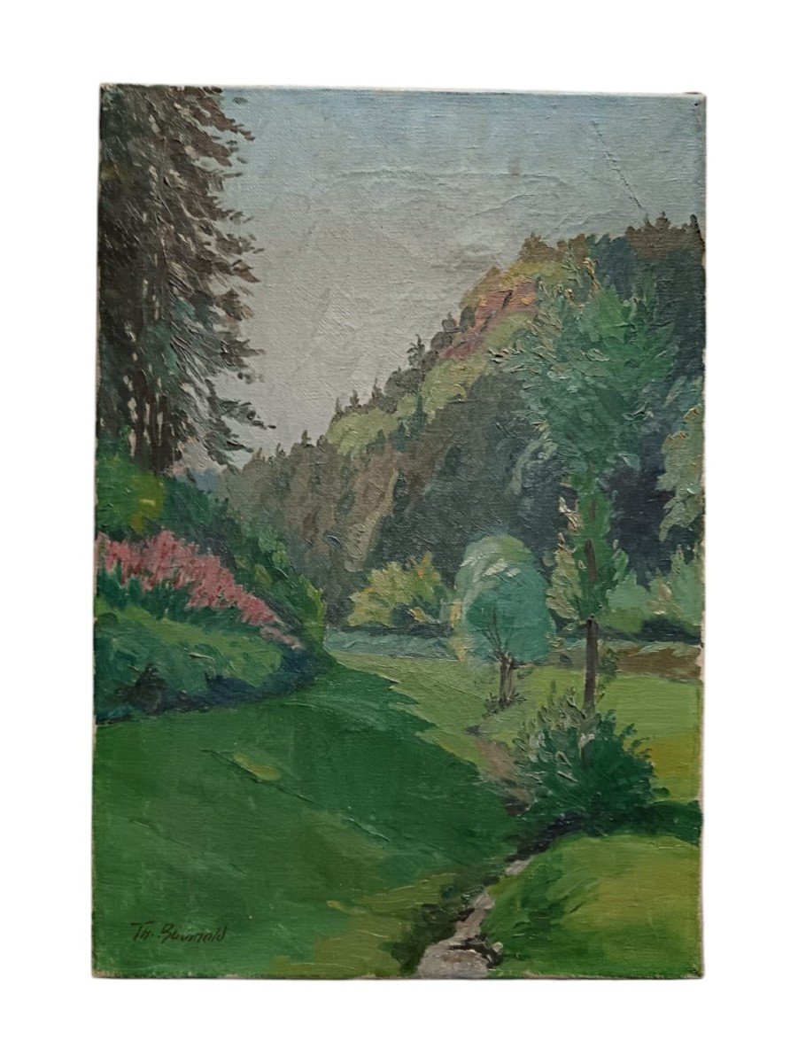 Alsatian School. Oil On Canvas "valley Near Oberhaslach" 42.5 X 29.5 Cm