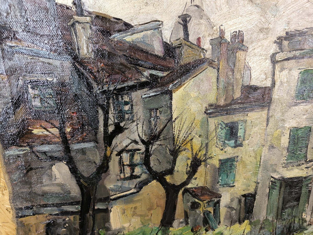 Ecole De Montmartre. Huile Sur Toile "cour à Montmartre" 72 X 60 Cm-photo-4