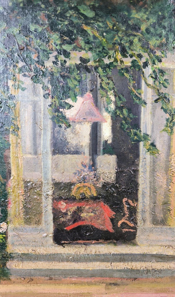 Ecole Néo Impressionniste. Huile Sur Toile "intérieur Bourgeois Vu Du Parc" 51,5 X 38,5 Cm-photo-2