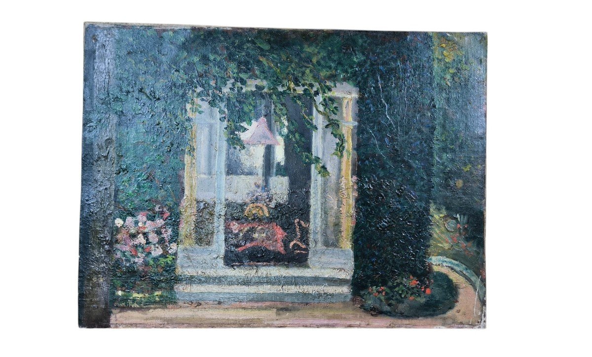 Ecole Néo Impressionniste. Huile Sur Toile "intérieur Bourgeois Vu Du Parc" 51,5 X 38,5 Cm