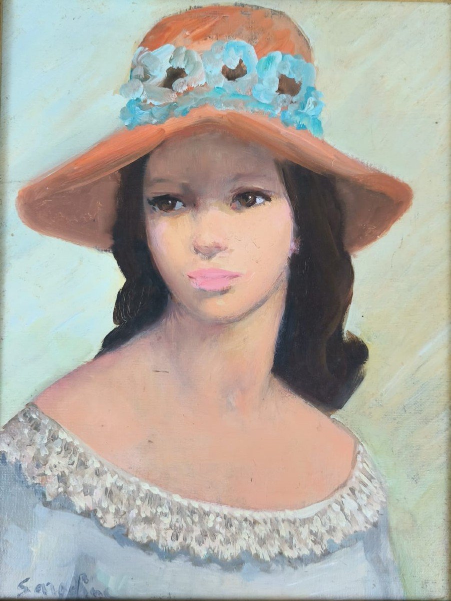 Oil On Canvas "young Woman With Hat" 35 X 27.5 Cm-photo-3