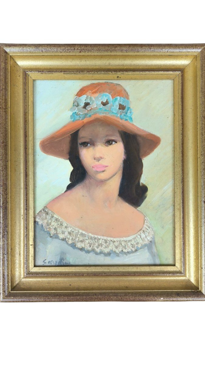 Oil On Canvas "young Woman With Hat" 35 X 27.5 Cm