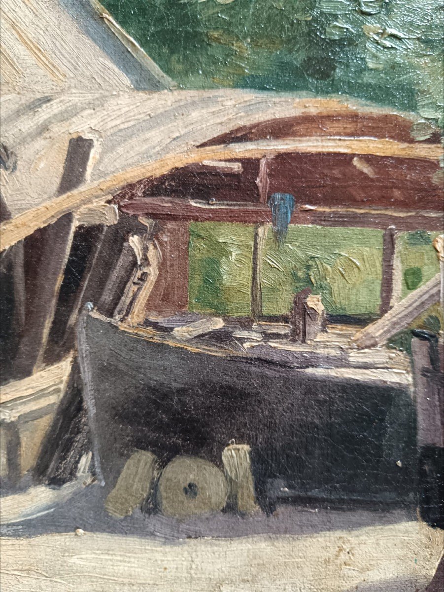 Brittany. Charles Raub. Oil On Canvas "the Little Shipyard" 40.9 X 26.8 Cm-photo-3