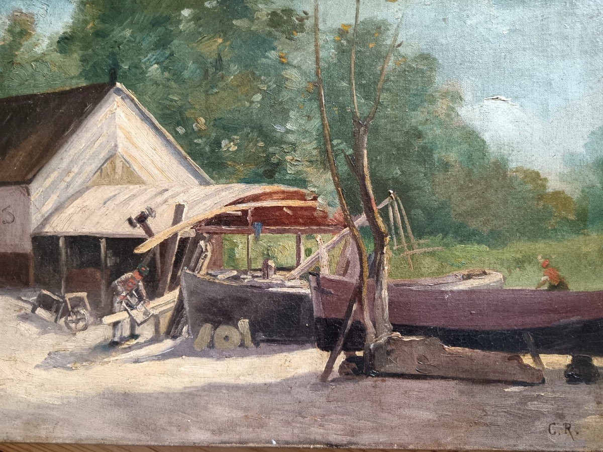 Brittany. Charles Raub. Oil On Canvas "the Little Shipyard" 40.9 X 26.8 Cm-photo-4