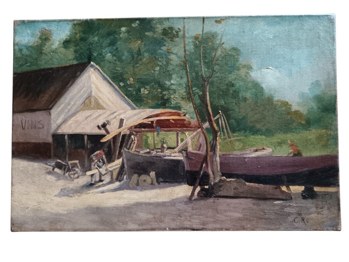 Brittany. Charles Raub. Oil On Canvas "the Little Shipyard" 40.9 X 26.8 Cm