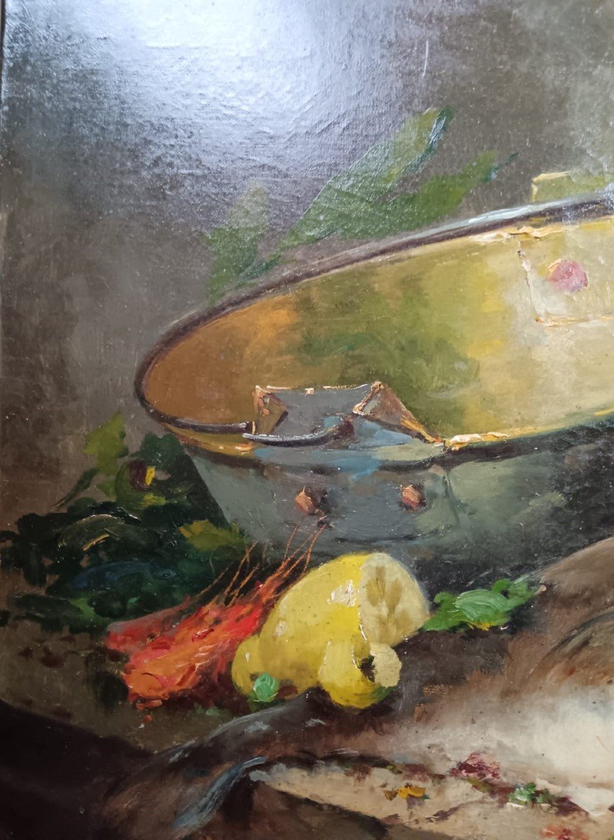 Oil On Canvas "the Kettle And The Overflowing Wicker Basket" / "fish And Shellfish"-photo-4