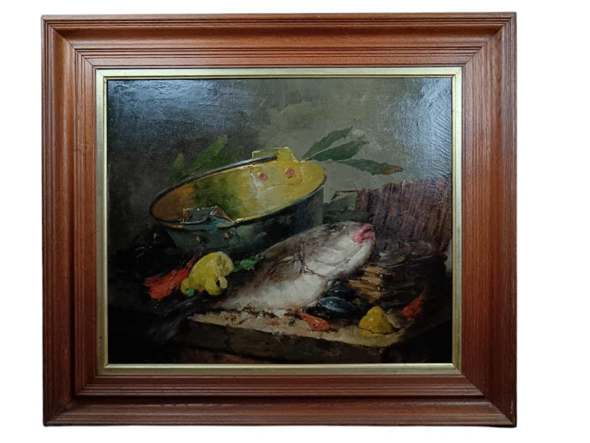 Oil On Canvas "the Kettle And The Overflowing Wicker Basket" / "fish And Shellfish"-photo-5