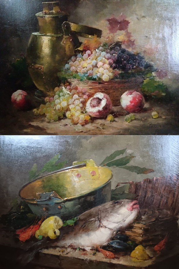 Huile Sur Toile "la bouilloire et le panier d'osier débordant" / "poisson et crustacés"