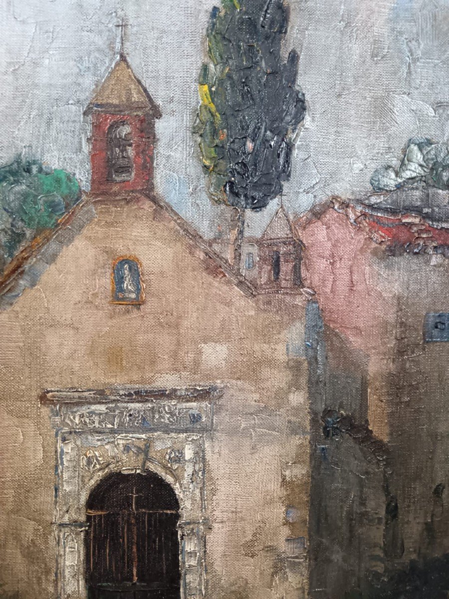 école Américaine. Huile Sur Toile "chapelle Sainte-clair à Saint-paul De Vence" 65 X 54 Cm-photo-3