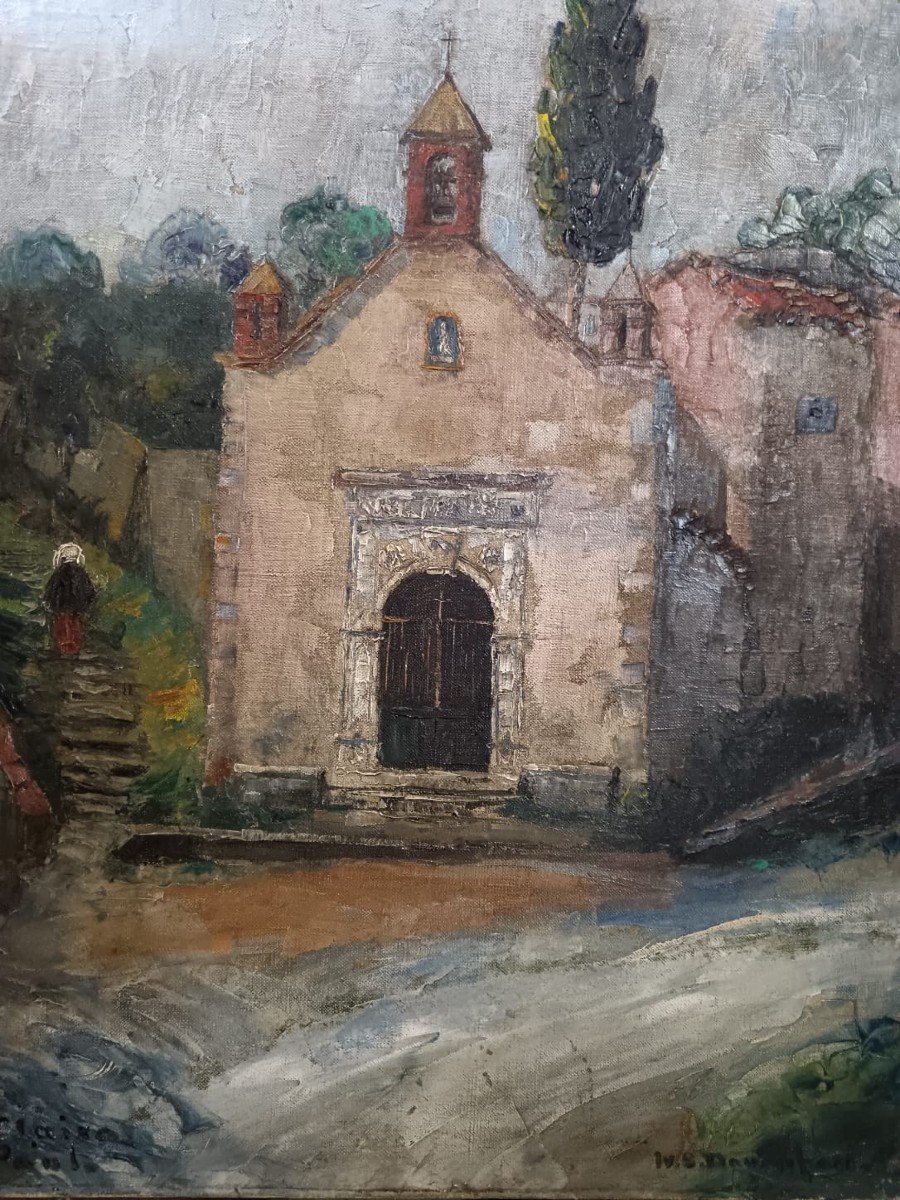 école Américaine. Huile Sur Toile "chapelle Sainte-clair à Saint-paul De Vence" 65 X 54 Cm