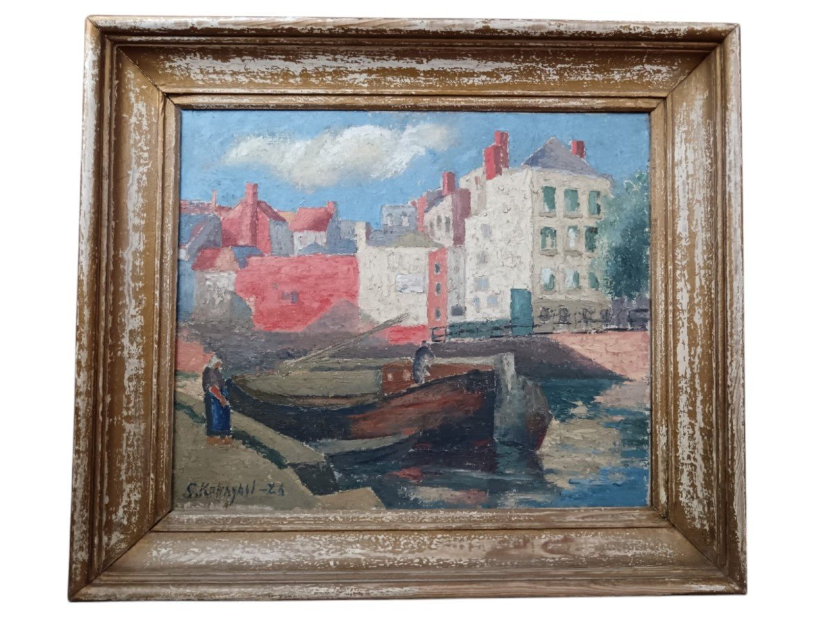 Japanese School. Oil On Canvas "boats Moored At The Quay" 55 X 46.5 Cm