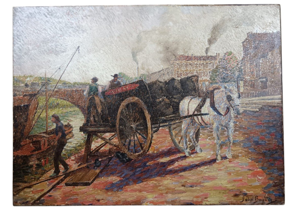 Pointillist School. Oil On Canvas "unloading Of The Cargo" 73.2 X 54.5