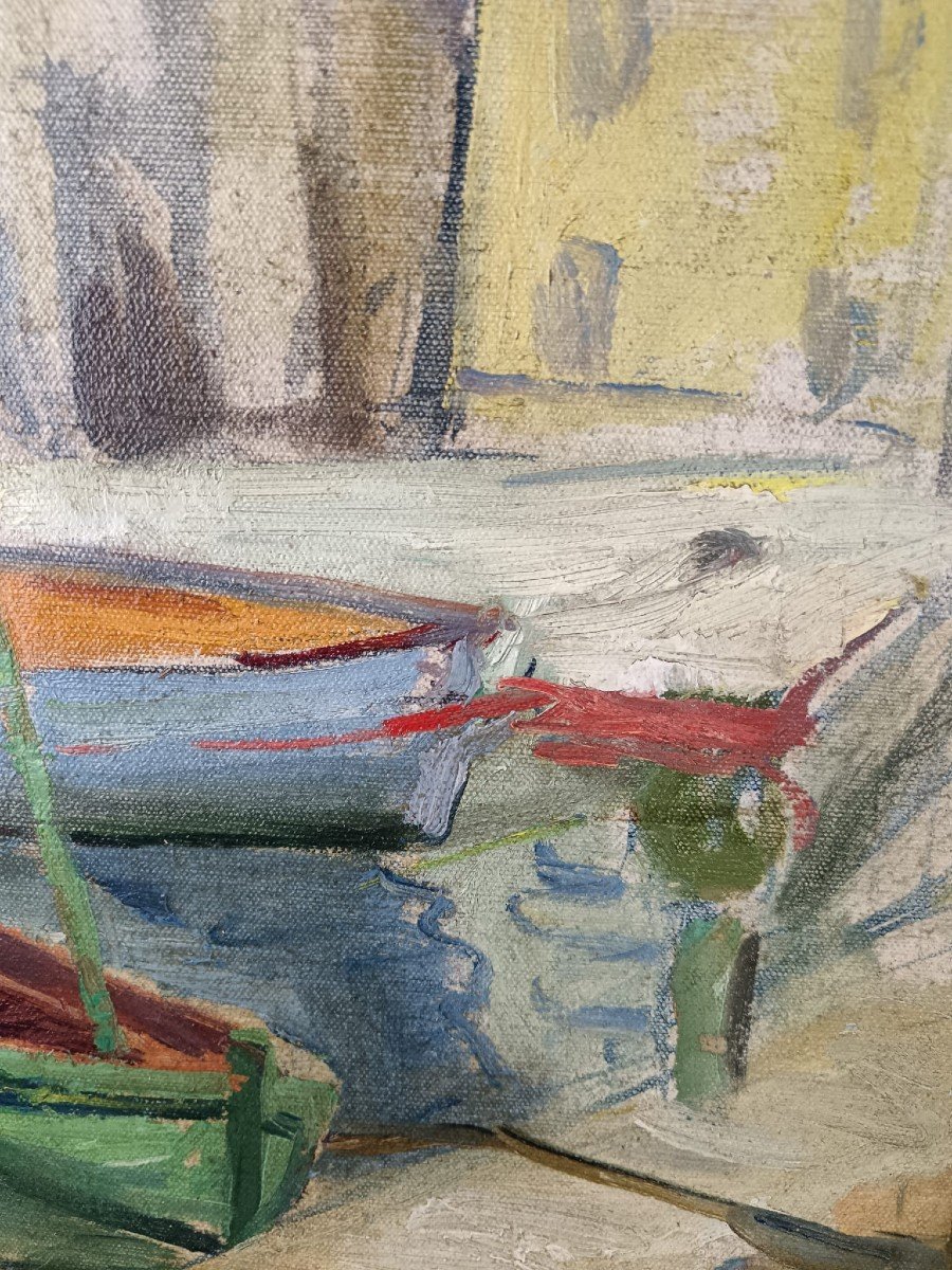 Ecole Impressionniste. Huile Sur Toile "bateaux à Quai En Provence" 41 X 33 Cm-photo-7