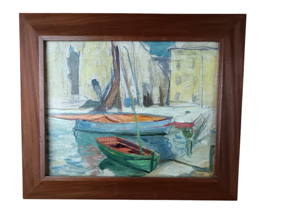 Ecole Impressionniste. Huile Sur Toile "bateaux à Quai En Provence" 41 X 33 Cm